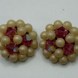 Vintage Pearl and Pink Button Style Clip On Earrings